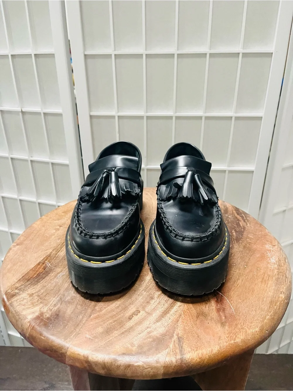 Dr. Martens Black Tassel Platform Loafers with Yellow Stitching